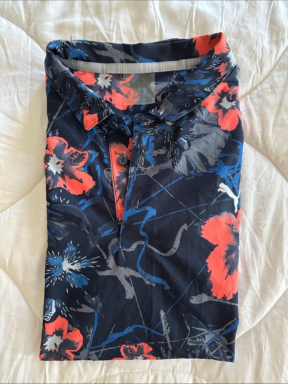 Puma Navy Floral Golf Polo with Coral Accents
